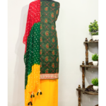 Deep Green Katha Work Suit Fabric Set with Pure Georgette Bandhej Multicolor Dupatta