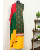 Deep Green Katha Work Suit Fabric Set with Pure Georgette Bandhej Multicolor Dupatta
