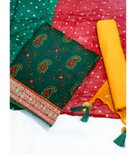 Deep Green Katha Work Suit Fabric Set with Pure Georgette Bandhej Multicolor Dupatta - Image 3