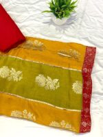 Mustard Yellow Silk Suit Set with Pink Dupatta - Image 2
