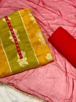 Mustard Yellow Silk Suit Set with Pink Dupatta - Image 3