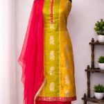 Mustard Yellow Silk Suit Set with Pink Dupatta