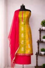 Mustard Yellow Silk Suit Set with Pink Dupatta