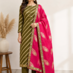 Olive Green Suit Set with Rani Pink Dupatta