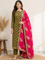 Olive Green Suit Set with Rani Pink Dupatta